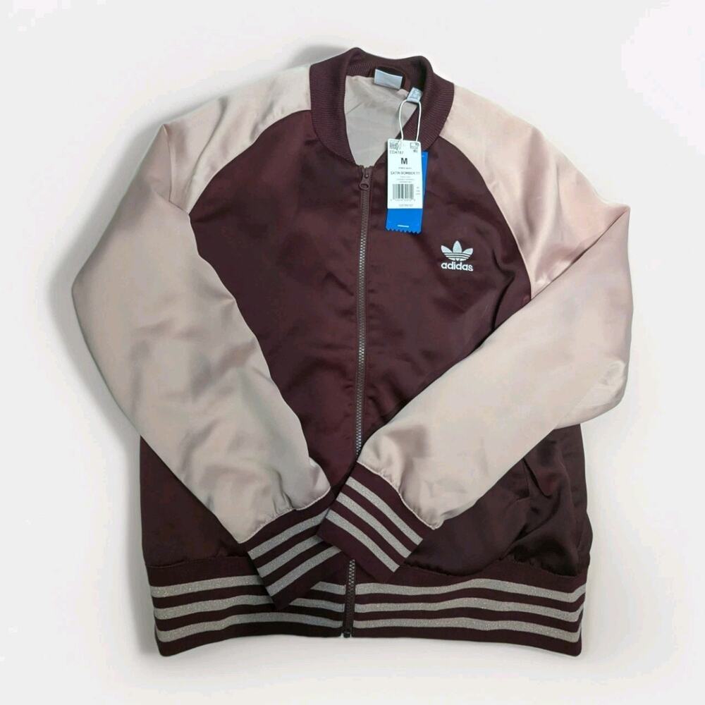 Adidas Womens Original Satin Bomber Jacket Pink/Red Size Medium